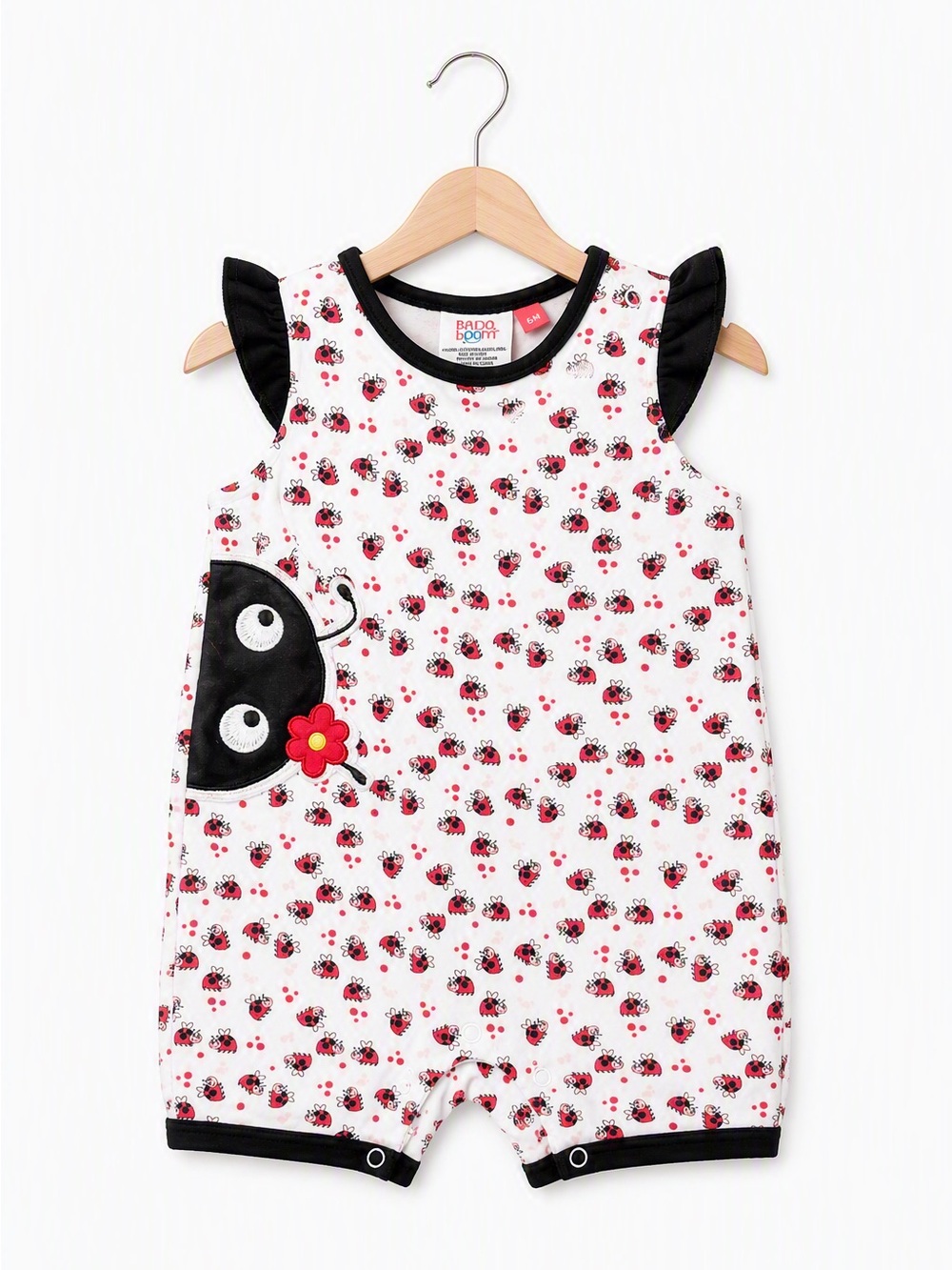 Vintage Y2K Badaboom Ladybug Colorblock Ruffle Romper 18M Black Red Embroidery